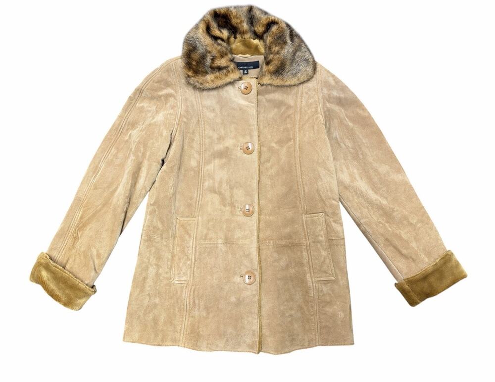 Jones New York Suede Leather Coat L Faux Fur Collar Tan Beige Penny Lane